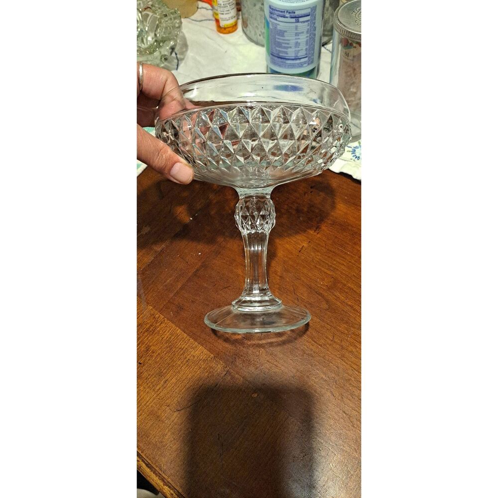 Vintage Clear Pressed Glass Pedestal Compote Candy Dish Diamond Point Pattern